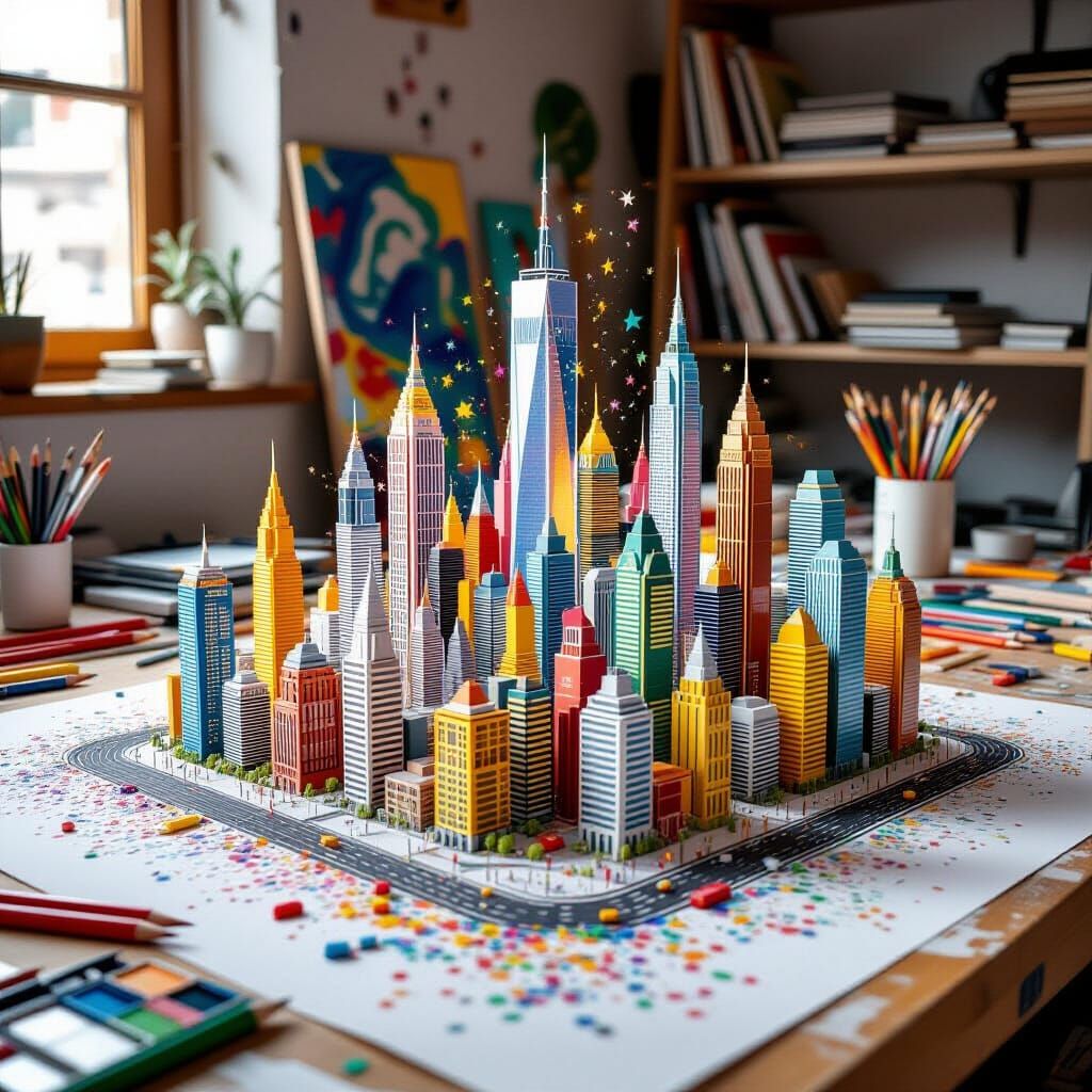 Color Pencil Cityscape Model Comes to Life