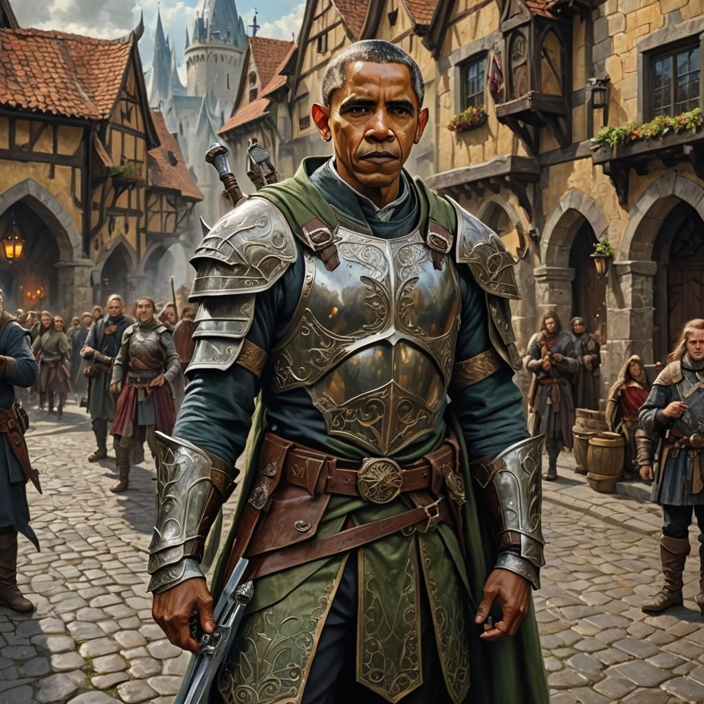Half Orc Elf Fantasy Hero in Medieval Town Square