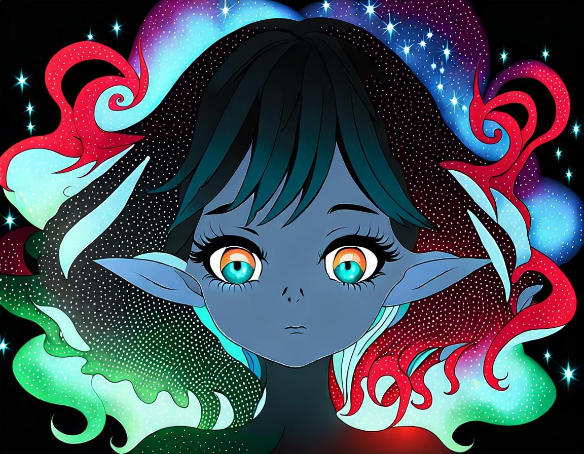 Elf Stargazing in Nebula with Inverted Colors