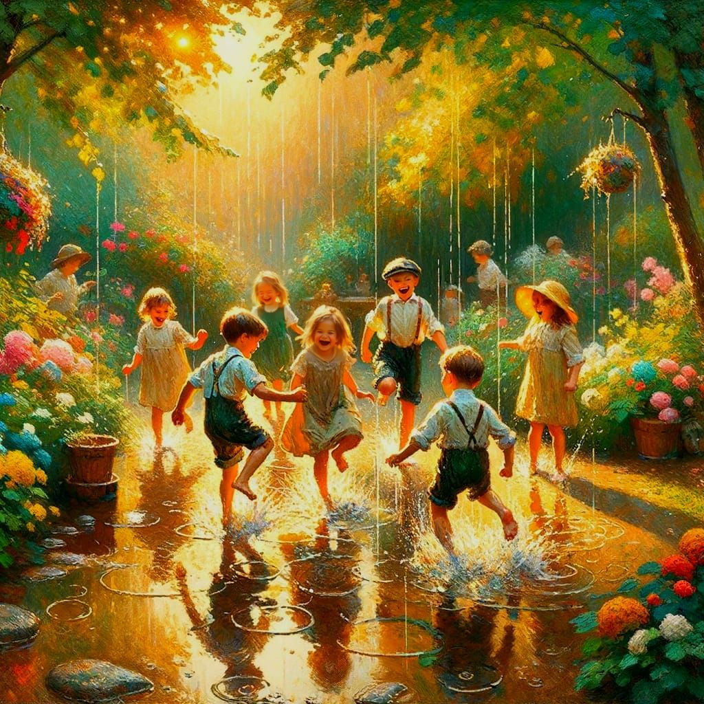 Joyful Children Playing in Summer Rain: Expressionist Oil Pa...