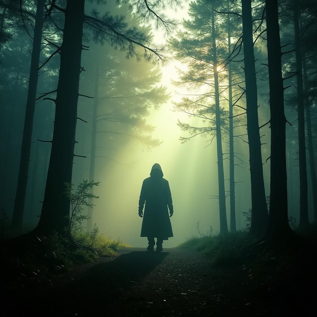Mysterious Figure in Misty Forest, Cinematic Photography