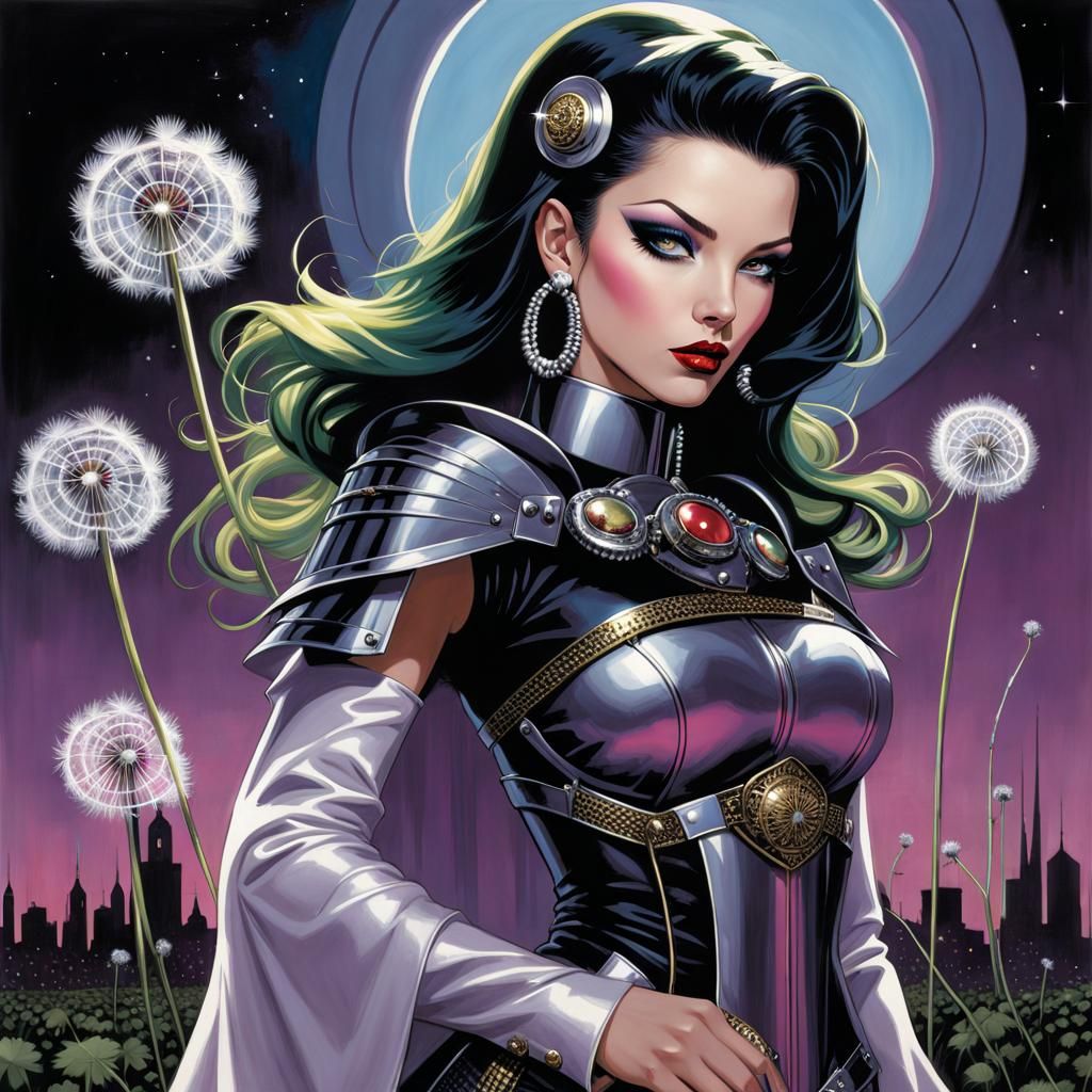 Futuristic Fashionista Villain in Surreal Illustration