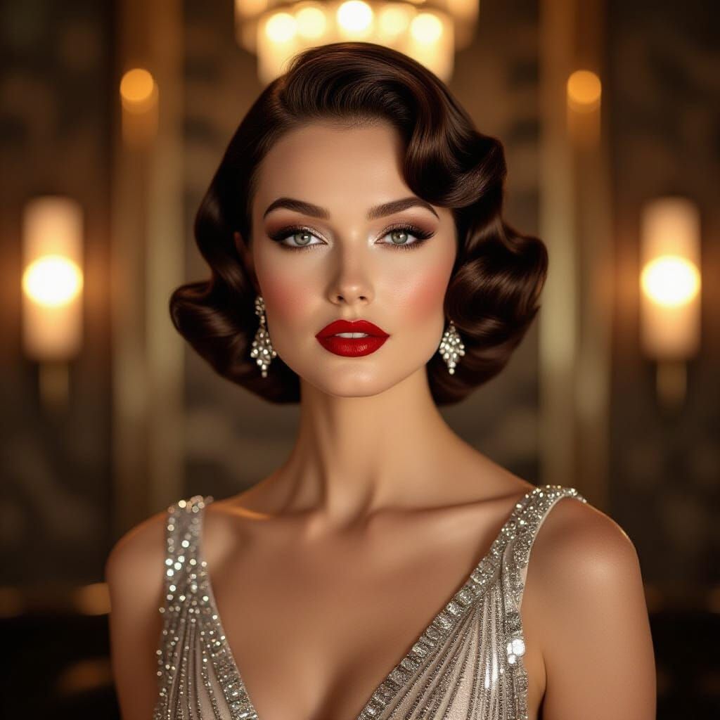 Glamorous Model in Art Deco Hollywood Lounge Portrait
