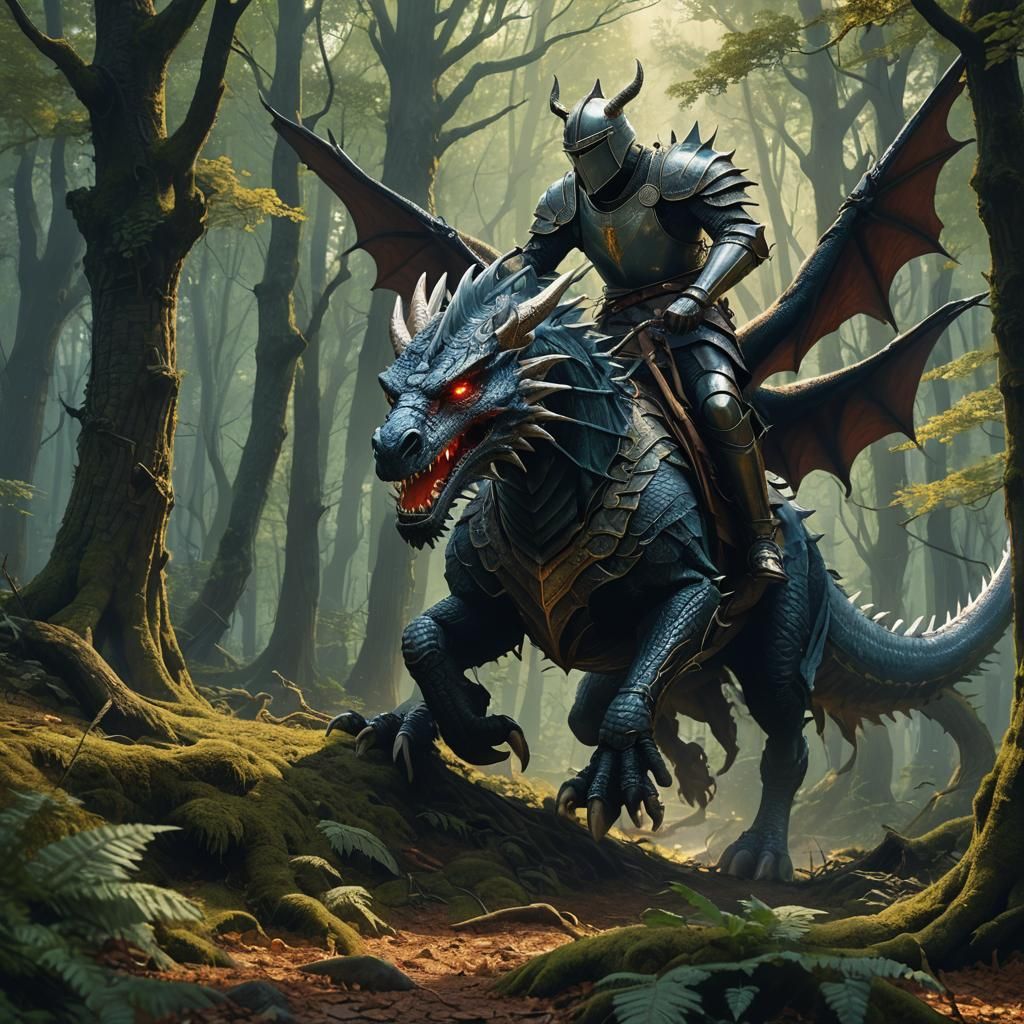 Knight on Dragon in Mystical Forest, Fantasy Art