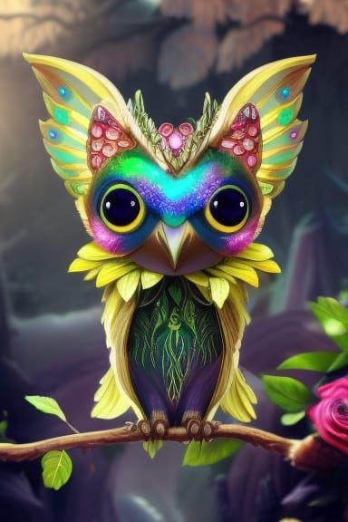 Mystical Owl-Eyed Gremlin in Psychedelic Rose Garden