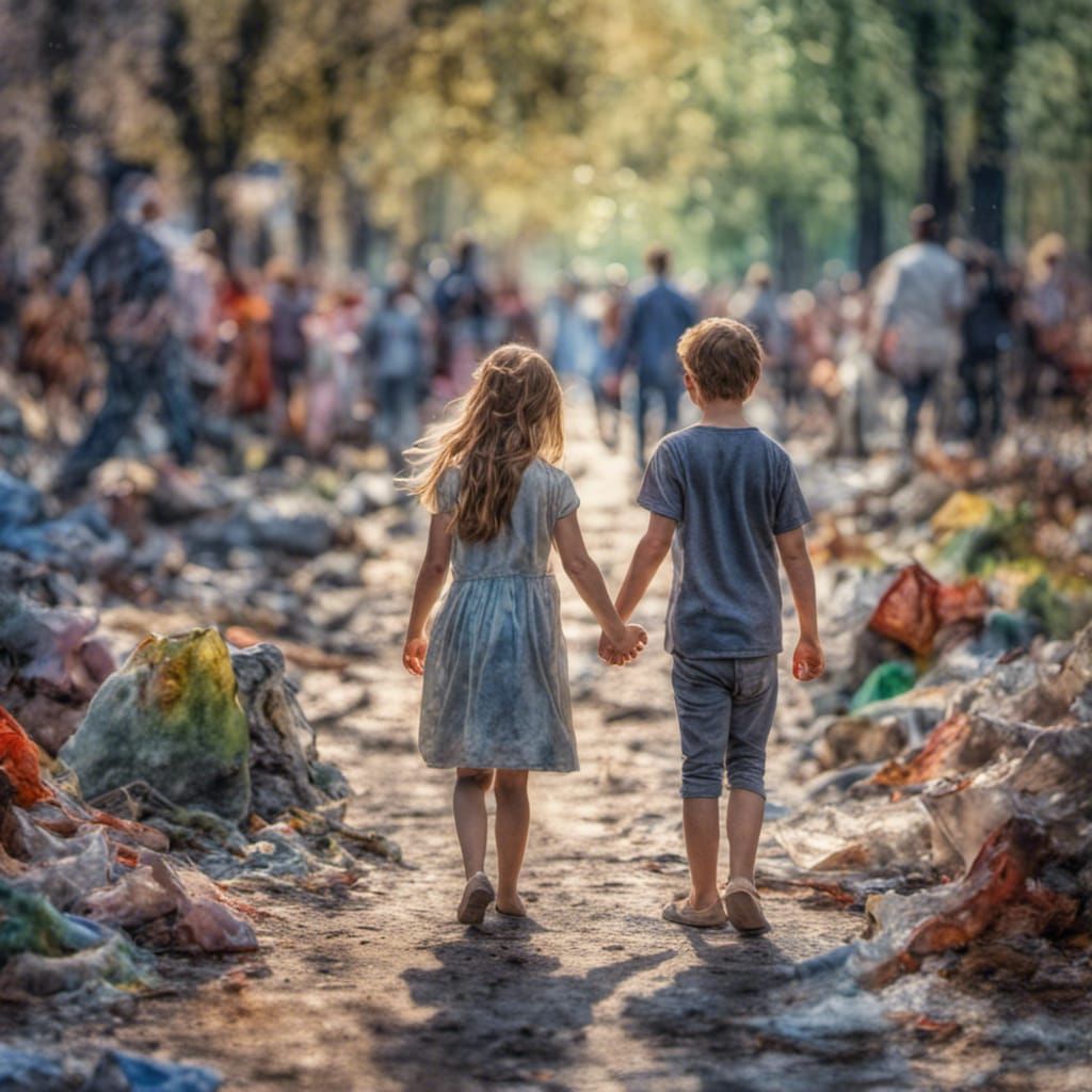 Whimsical Watercolor: Children Hold Hands in Chaos