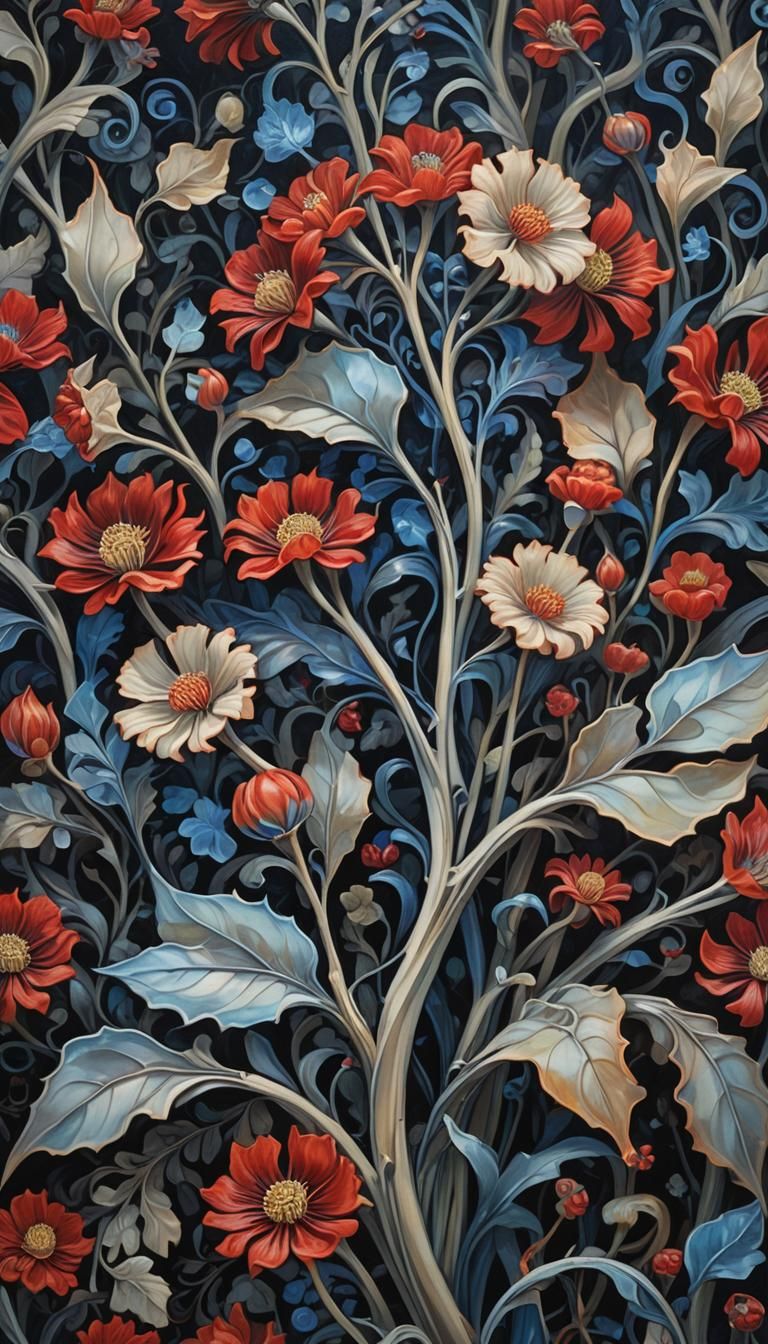 Surreal Bone Plant Oil Painting in Art Nouveau Style