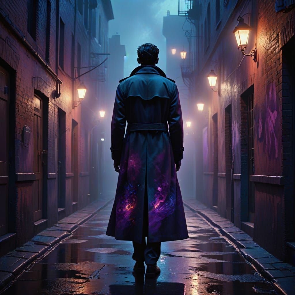 Eerie Figure in Dark Alley: Surreal Oil Painting