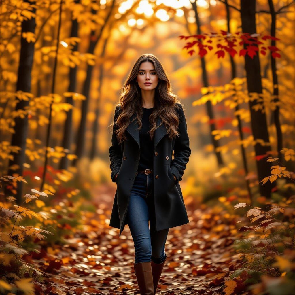 Thoughtful Woman in Vibrant Autumn Forest