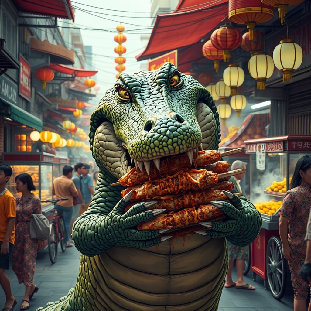 Crocodile Eats Kebabs in Street Food Market