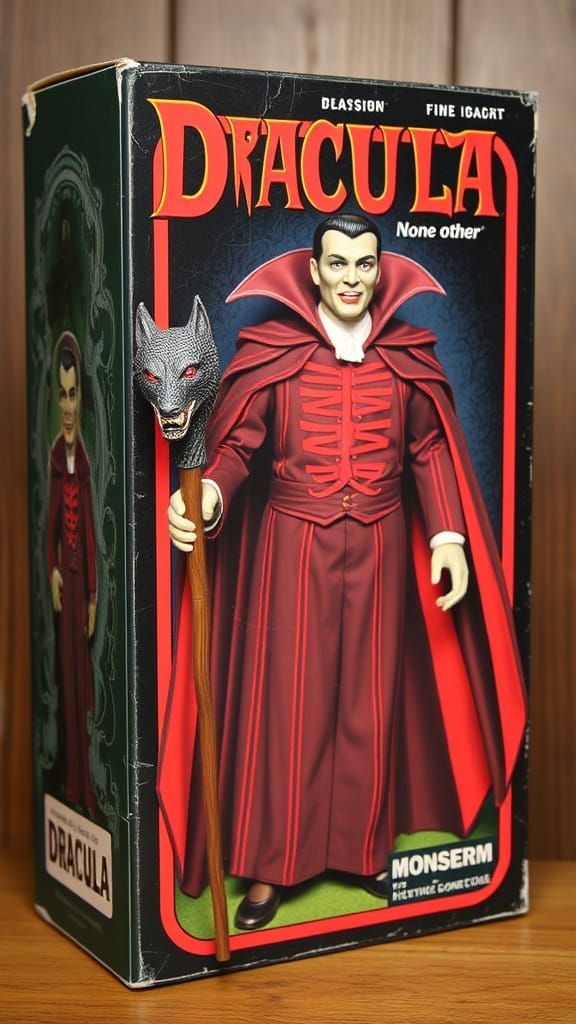 Vintage-Style Dracula Action Figure Box in Red Cloak with Wo...