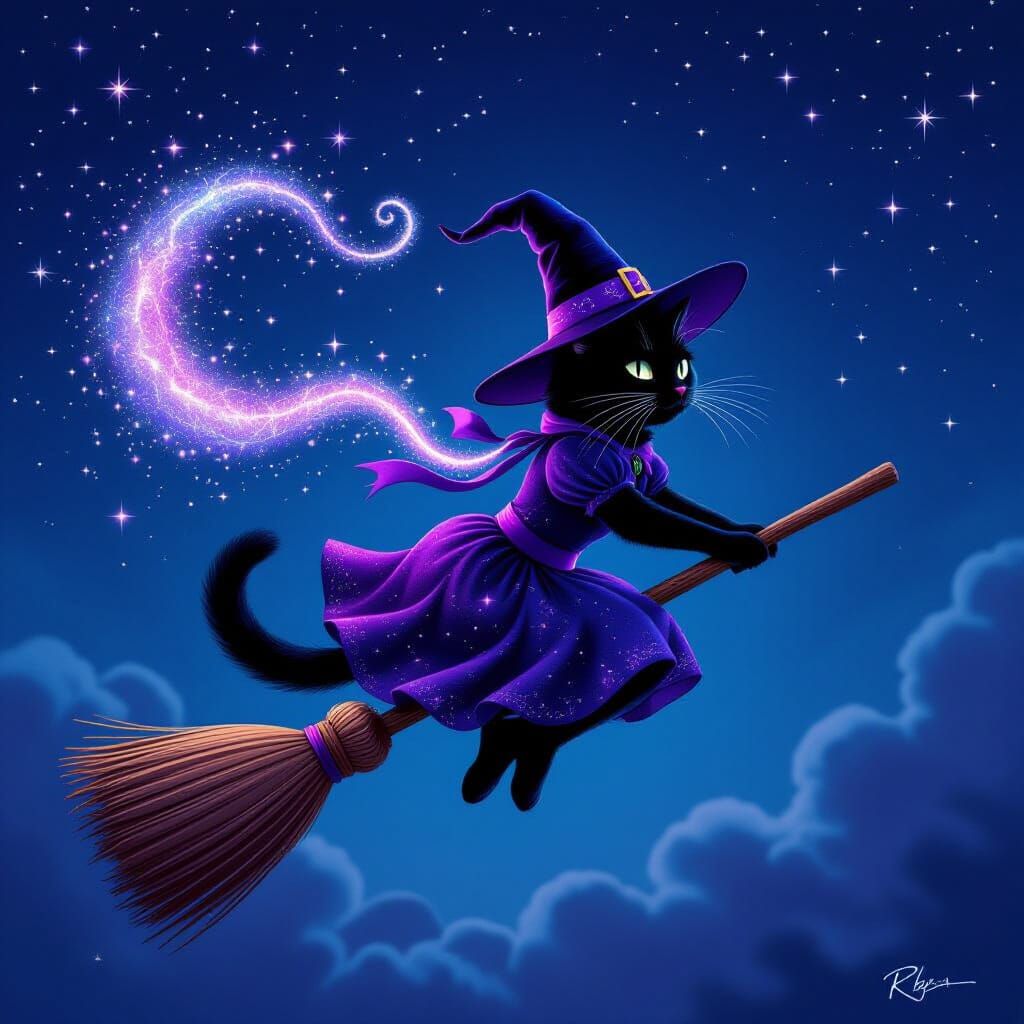 Black Cat Witch Flies Through Night Sky on Broomstick