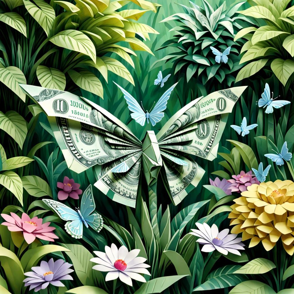 Origami Dollar Bill Garden with Paper Money Butterflies