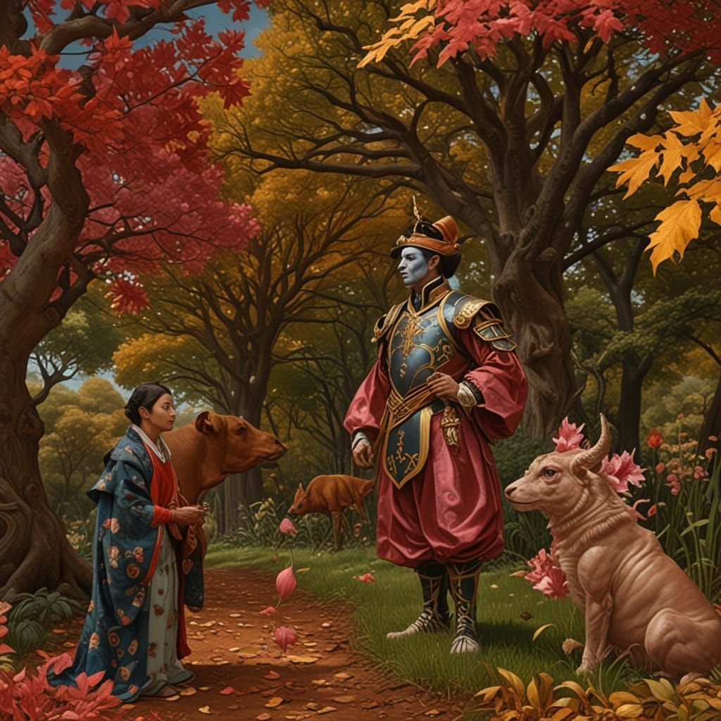 Mythological Chimaera With Matador, Harlequin, Geisha in Bol...