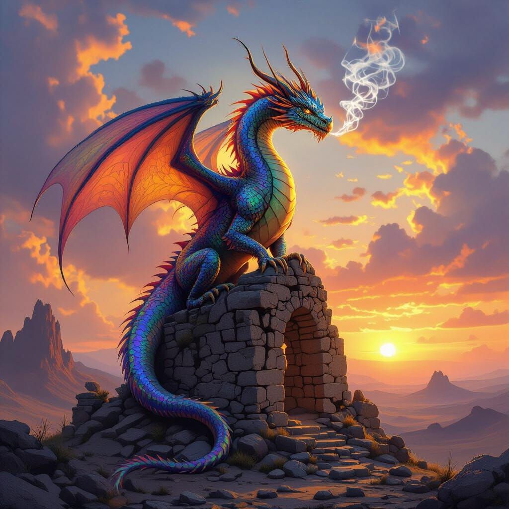 Iridescent Dragon on Ancient Ruins at Sunset
