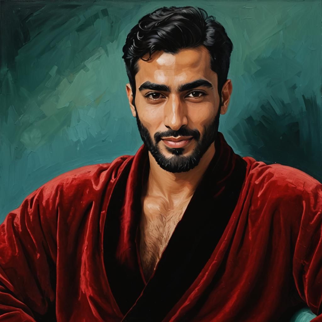 Smiling Man in Red Robe: Expressionist Oil Painting