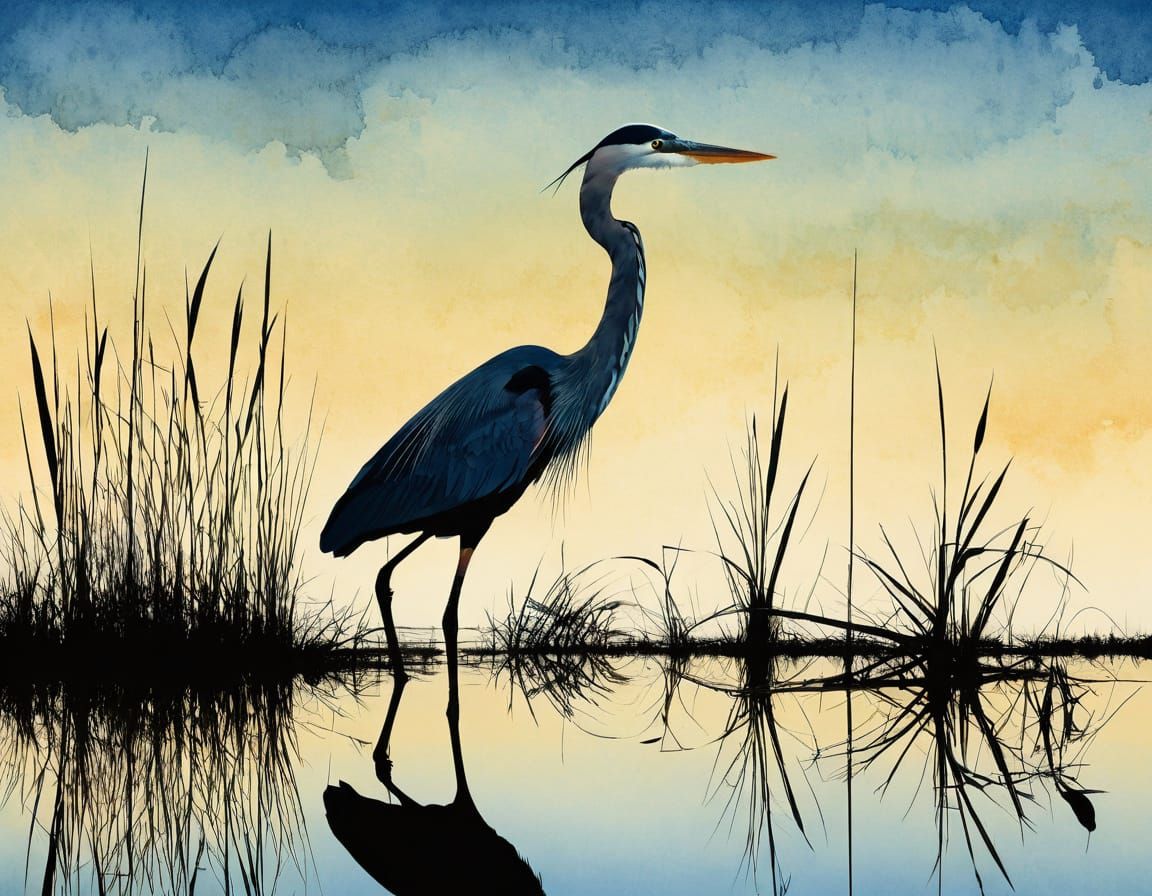 Great Blue Heron Silhouette in Colorful Marsh