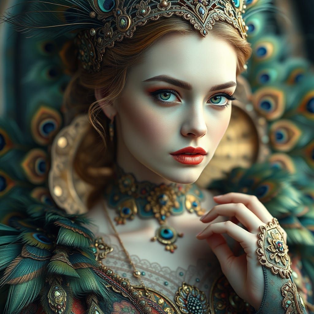 Hyperrealistic Portrait of a Regal Woman in Iridescent Peaco...
