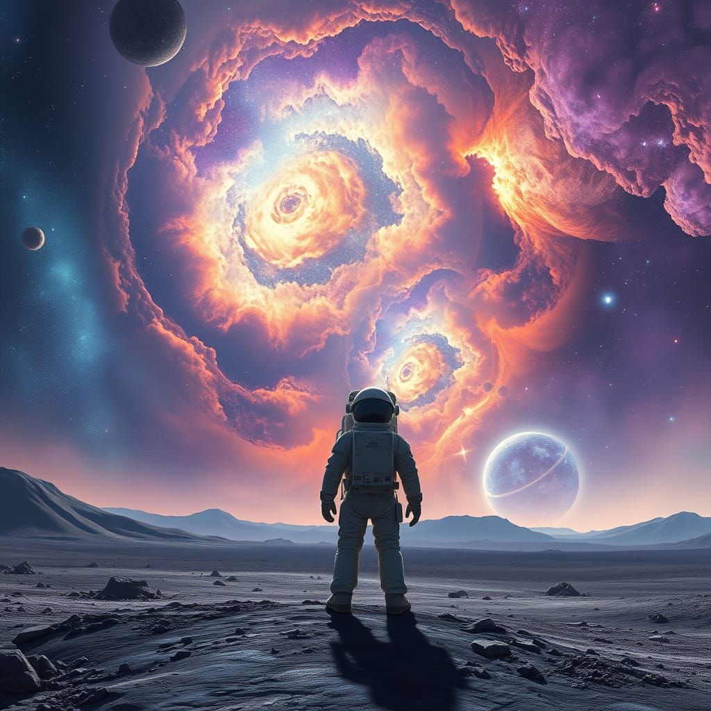 Astronaut on Alien Planet Gazing at Nebulae