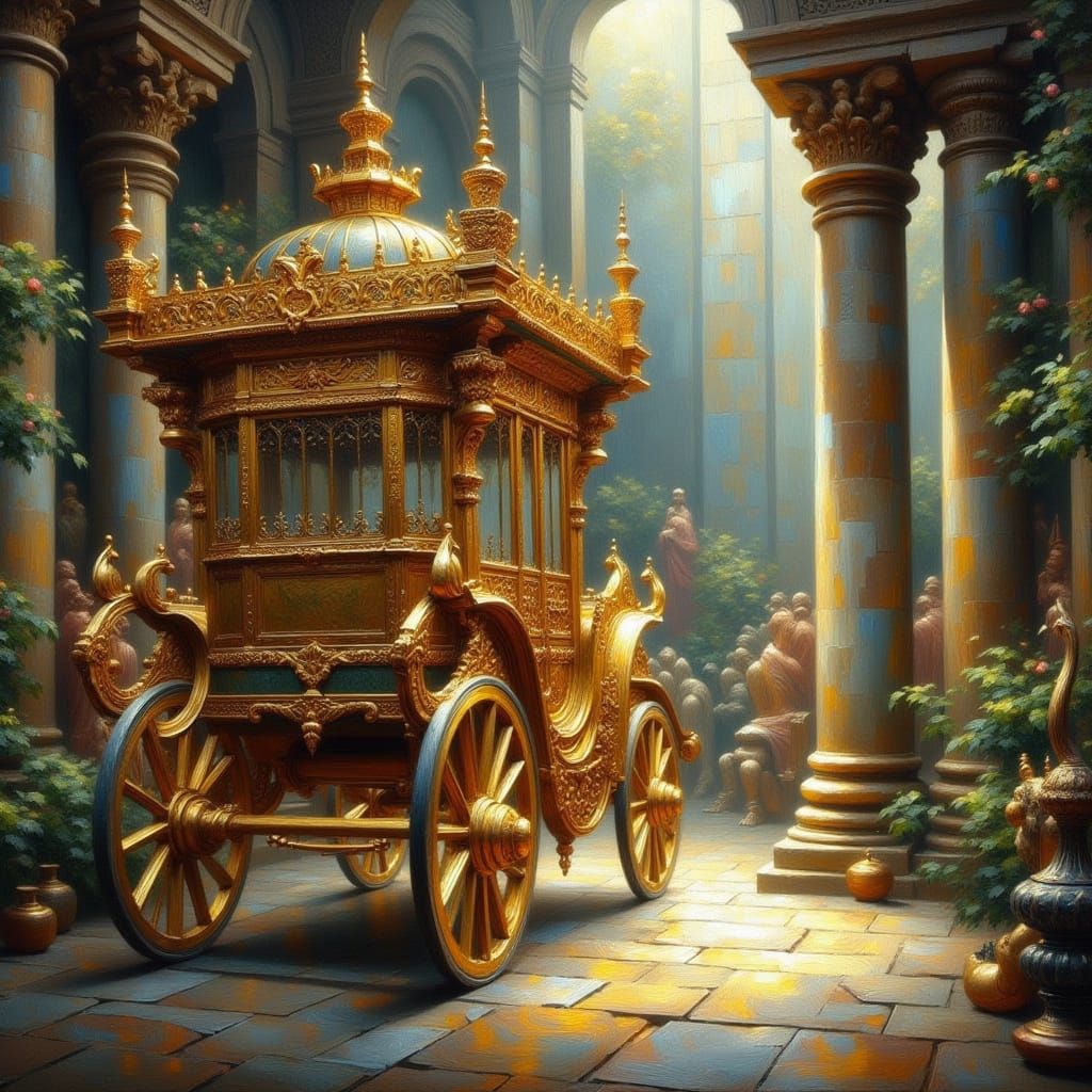 Golden Ornate Chariot in Fantasy Temple Setting
