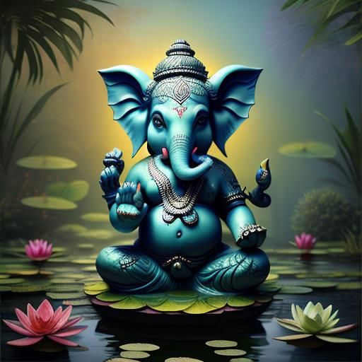 Psychedelic Baby Ganesha in Water Lily Pond
