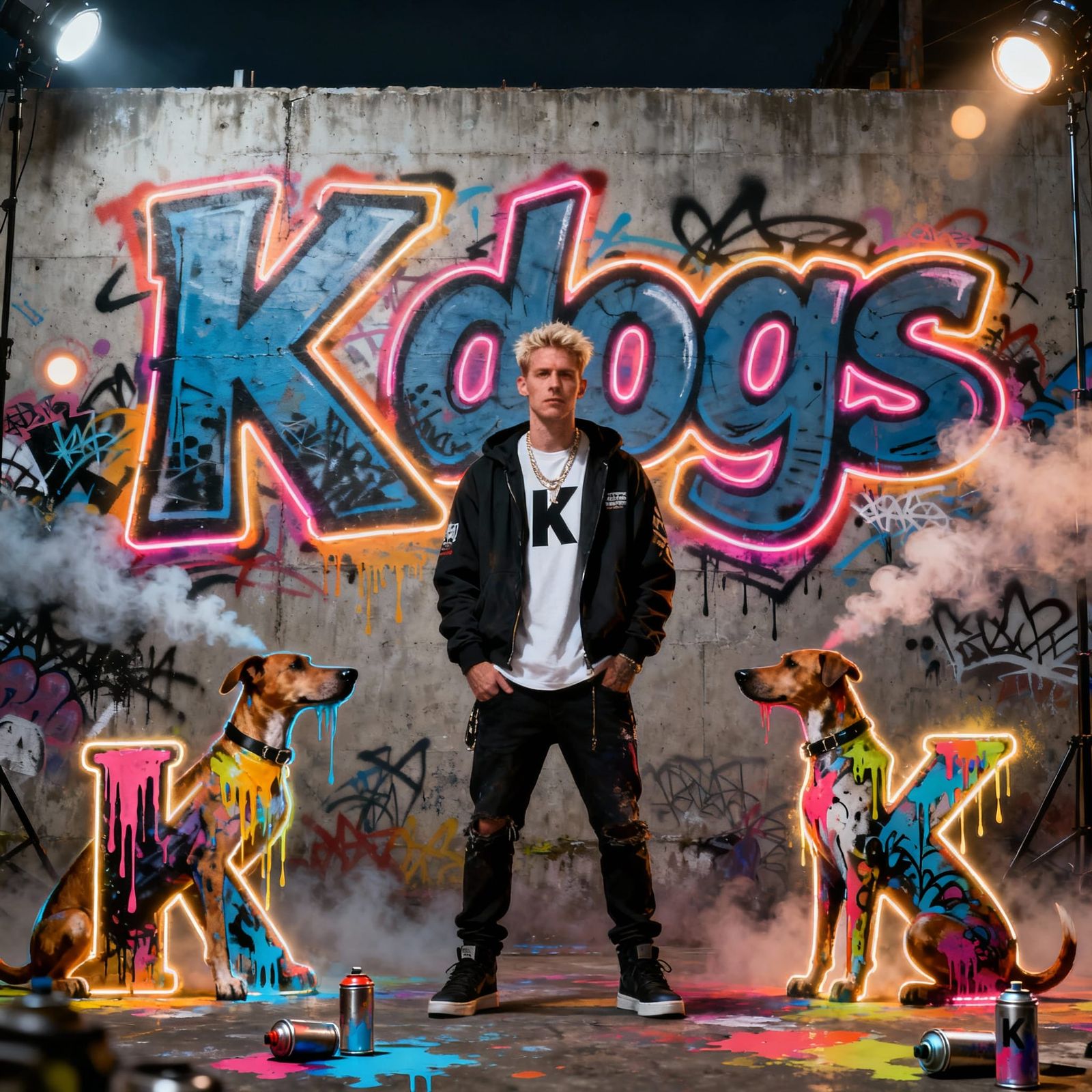 Urban Graffiti Rapper K with Stylized Dogs Portrait