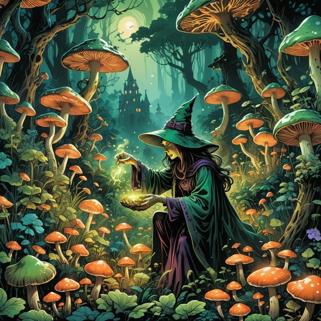Green Witch's Glowing Garden: Comic Book Illustration