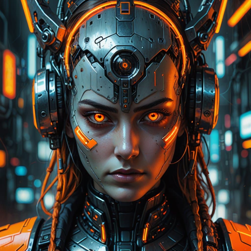 Cyberpunk Woman with Glowing Eyes and Metallic Headpiece