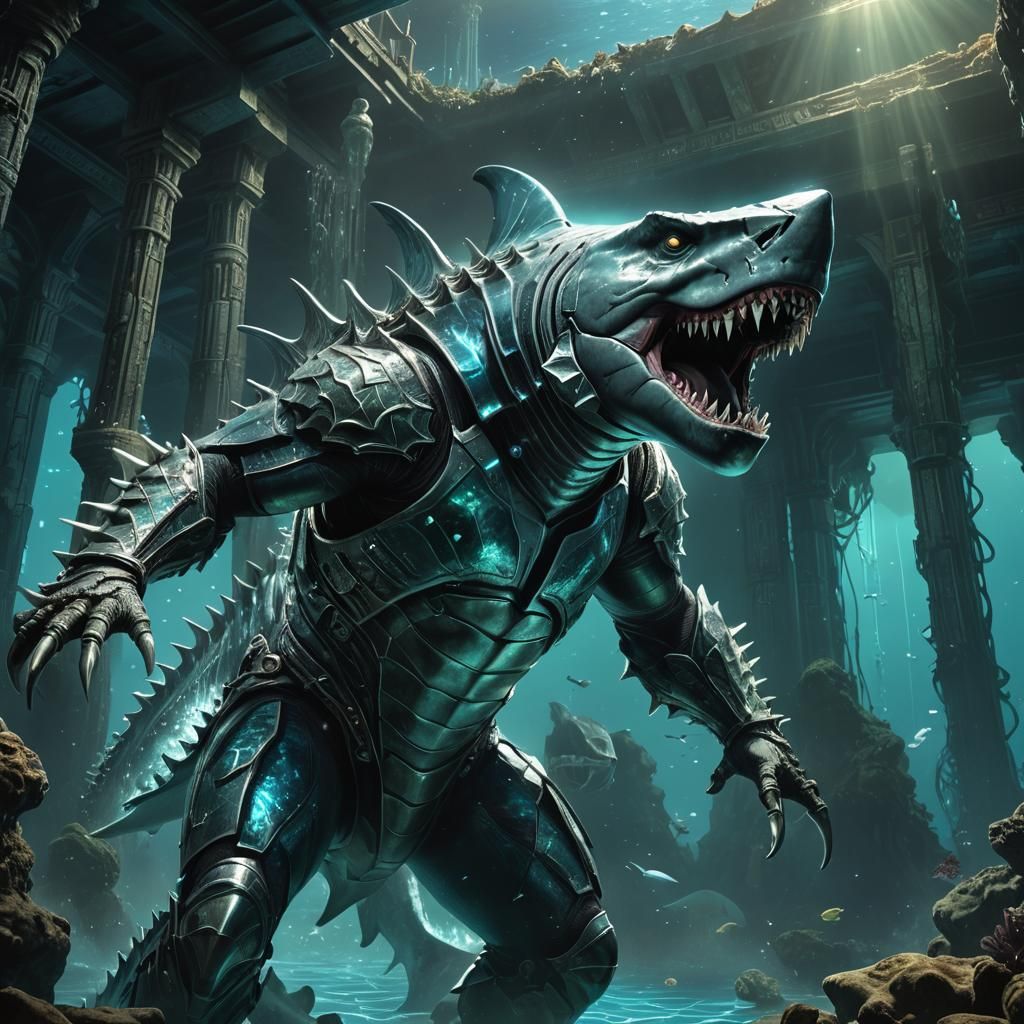 Glittering Megalodon Warrior in Shimmering Underwater Armor