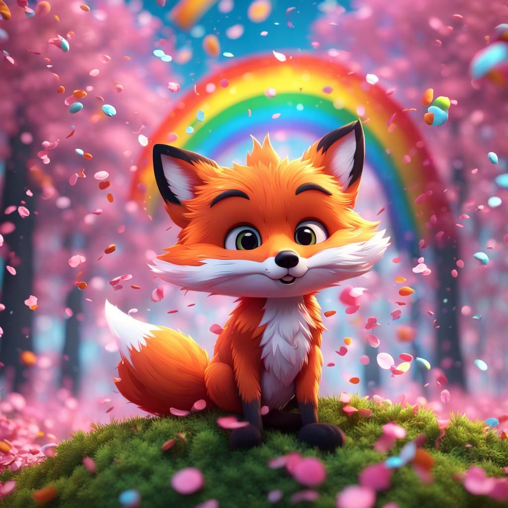 Cartoon Fox in Confetti Rain, Digital Art