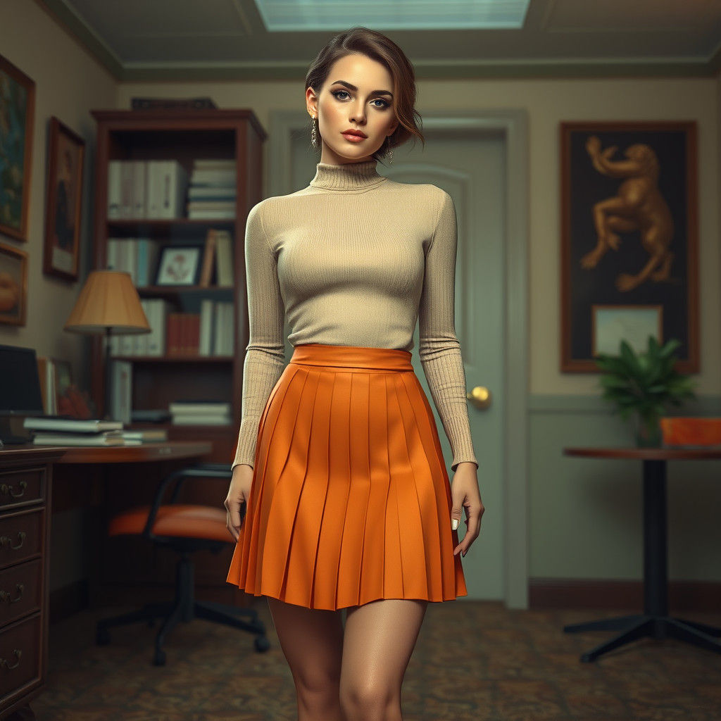 Woman in Turtleneck and Pleated Skirt: Matte-Painted Art