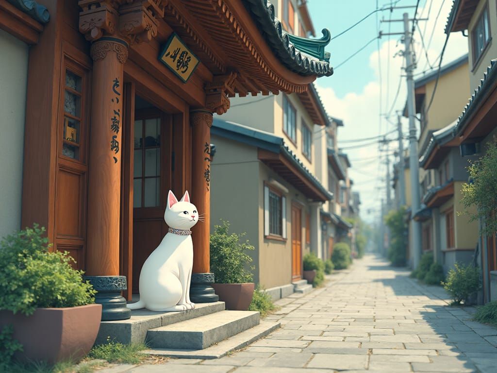 Cat's Serene Temple Visit in Tokyo, Anime Style