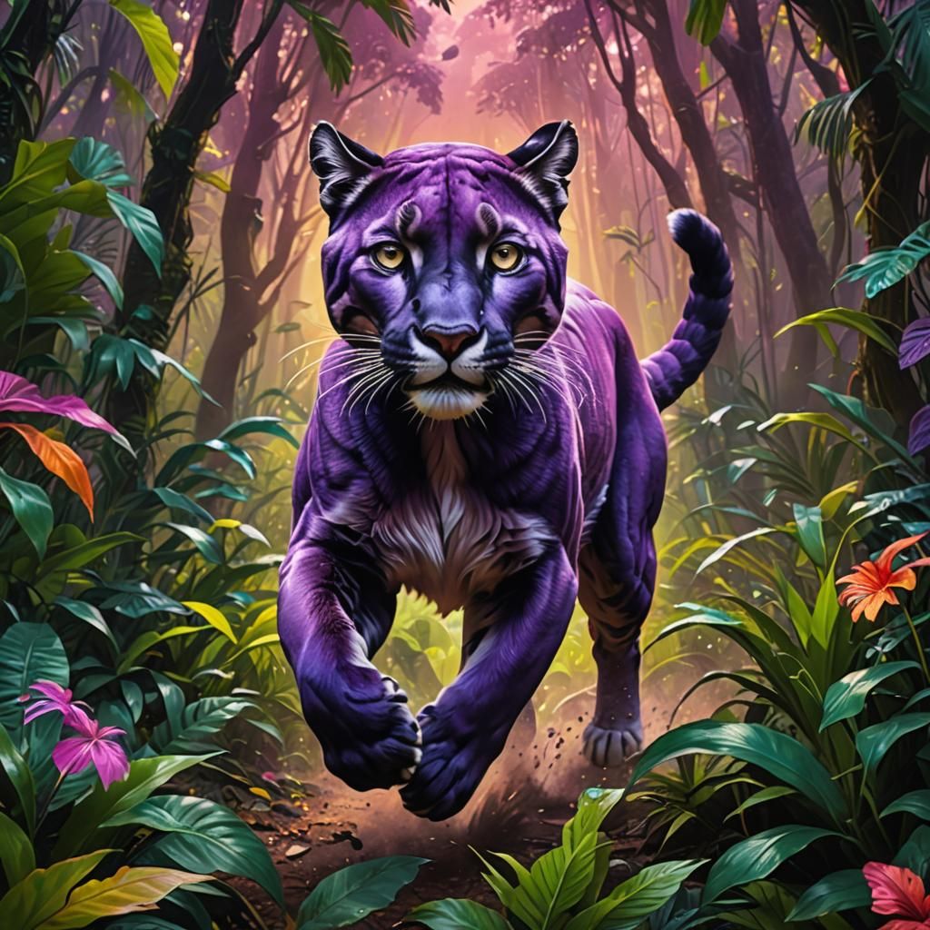 Purple Puma in Psychedelic Jungle: Hyperrealistic Splash Art