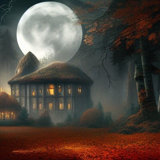 Gothic Forest House in Autumn Moonscape