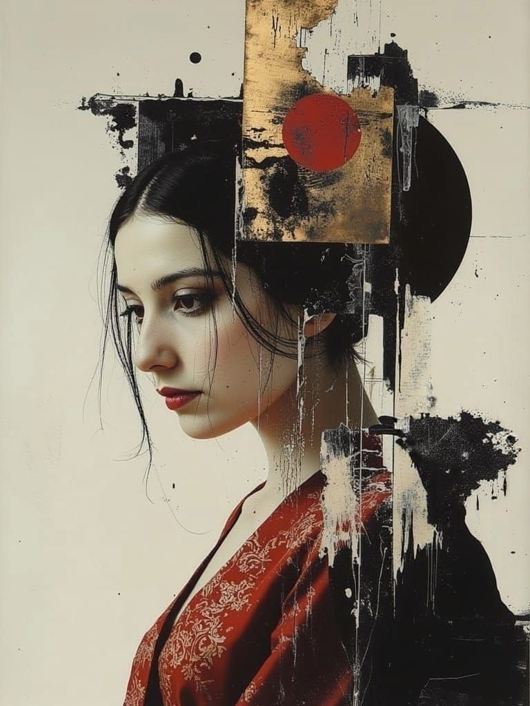 Impressionist Geisha Portrait in Vibrant Shimmering Textures