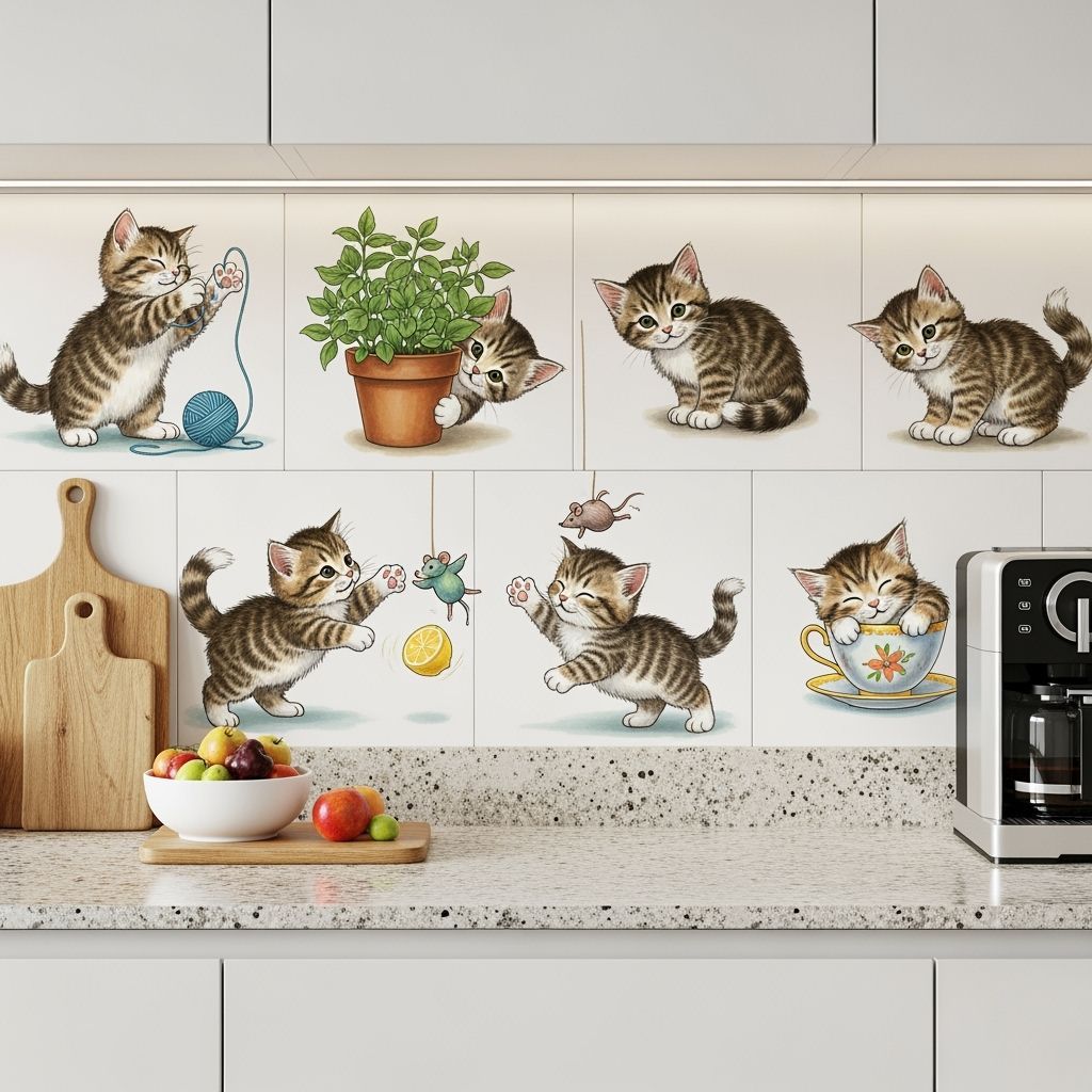 Playful Kitten Tiles on Kitchen Countertop