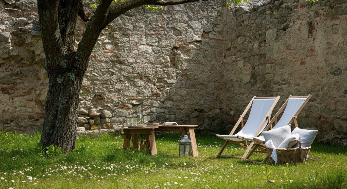 Idyllic Stone Wall Oasis in Warm Hues