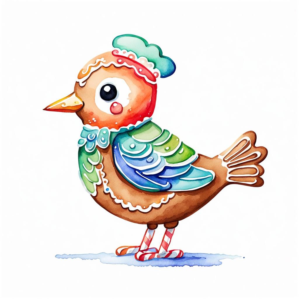 Stylized Gingerbread Bird: Minimalist Watercolor Cartoon