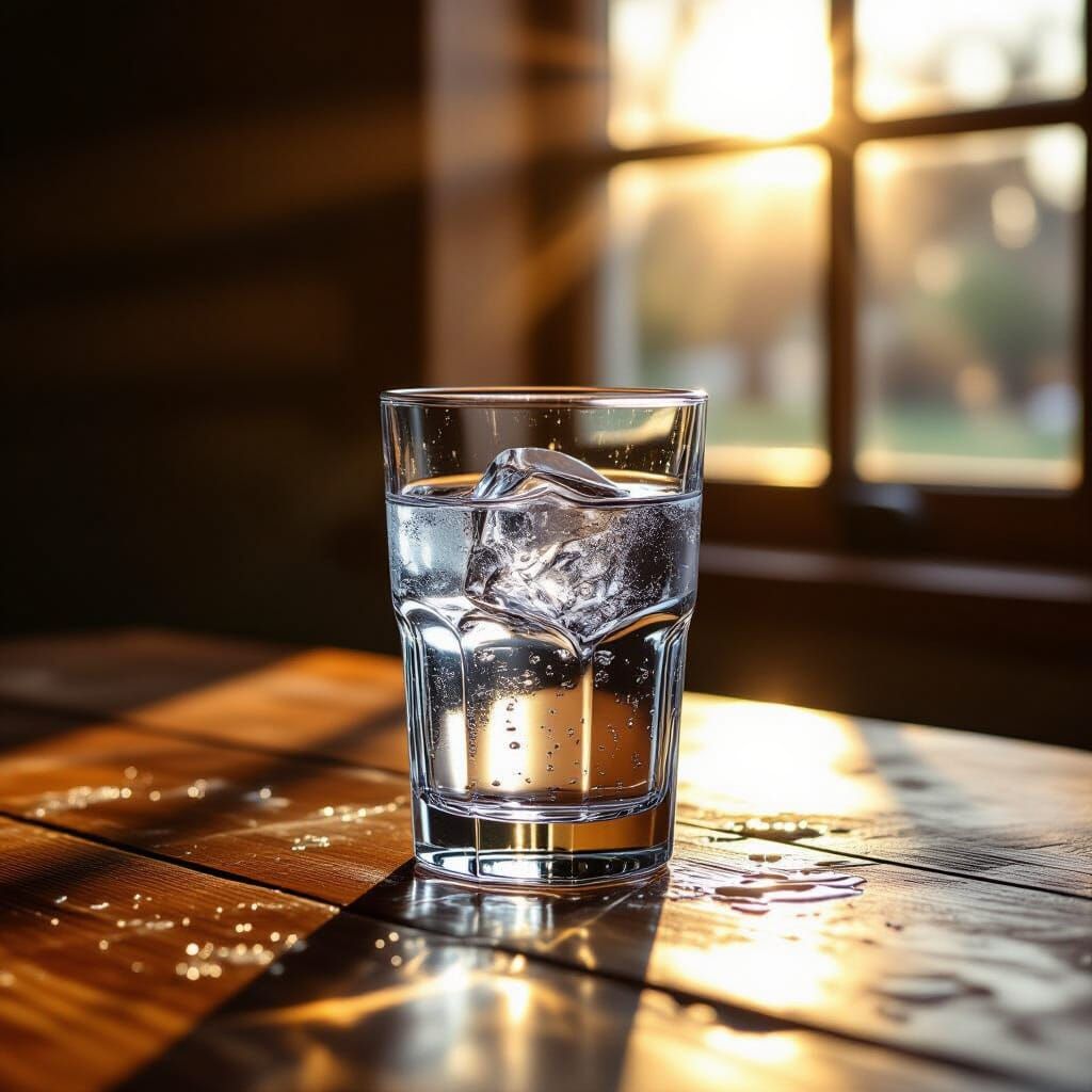 Refreshing Ice Water on Rustic Table in Sunlight