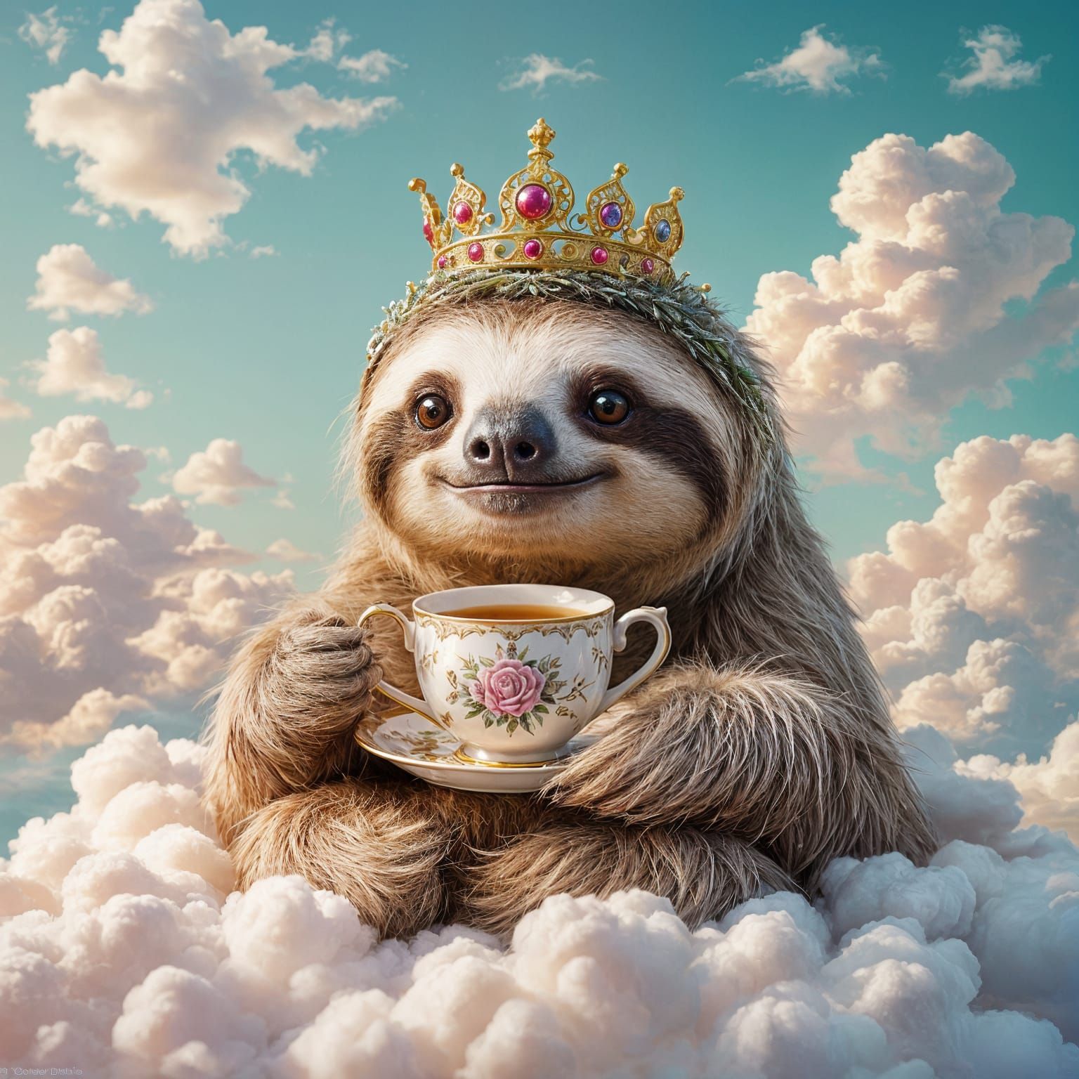 Whimsical Sloth Wearing Crown Sips Tea on Cloud