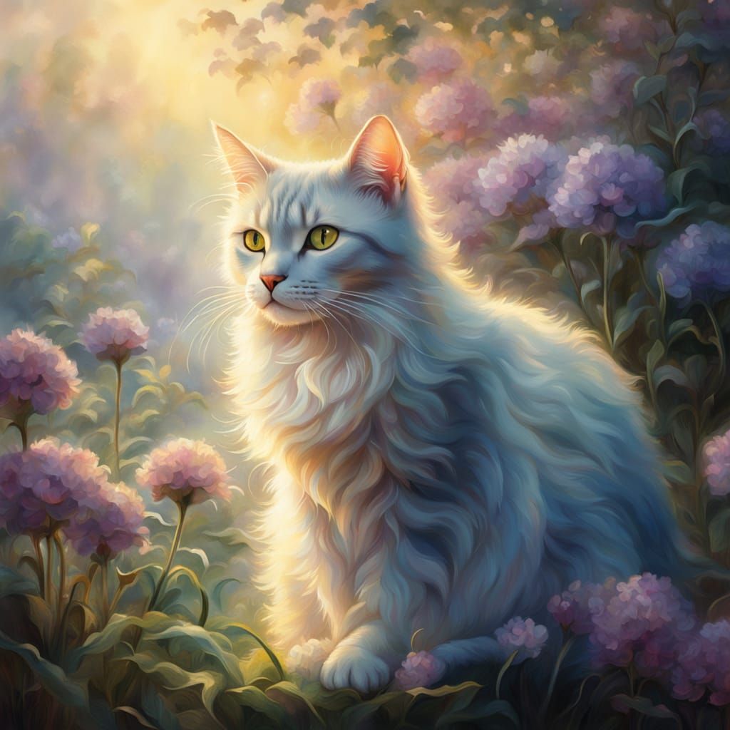 Whimsical Cat in Ethereal Garden
