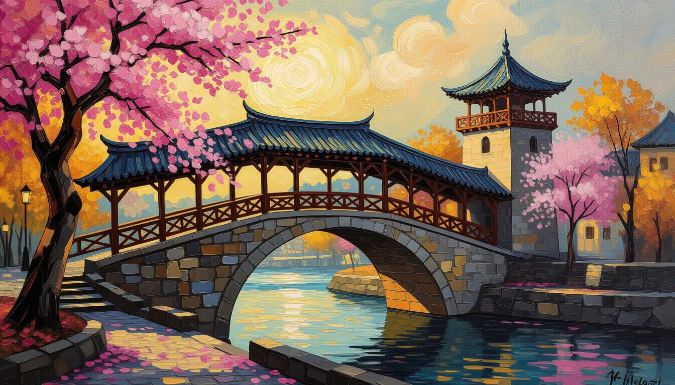 Romantic Impasto Oil Painting of Old Stone Bridge