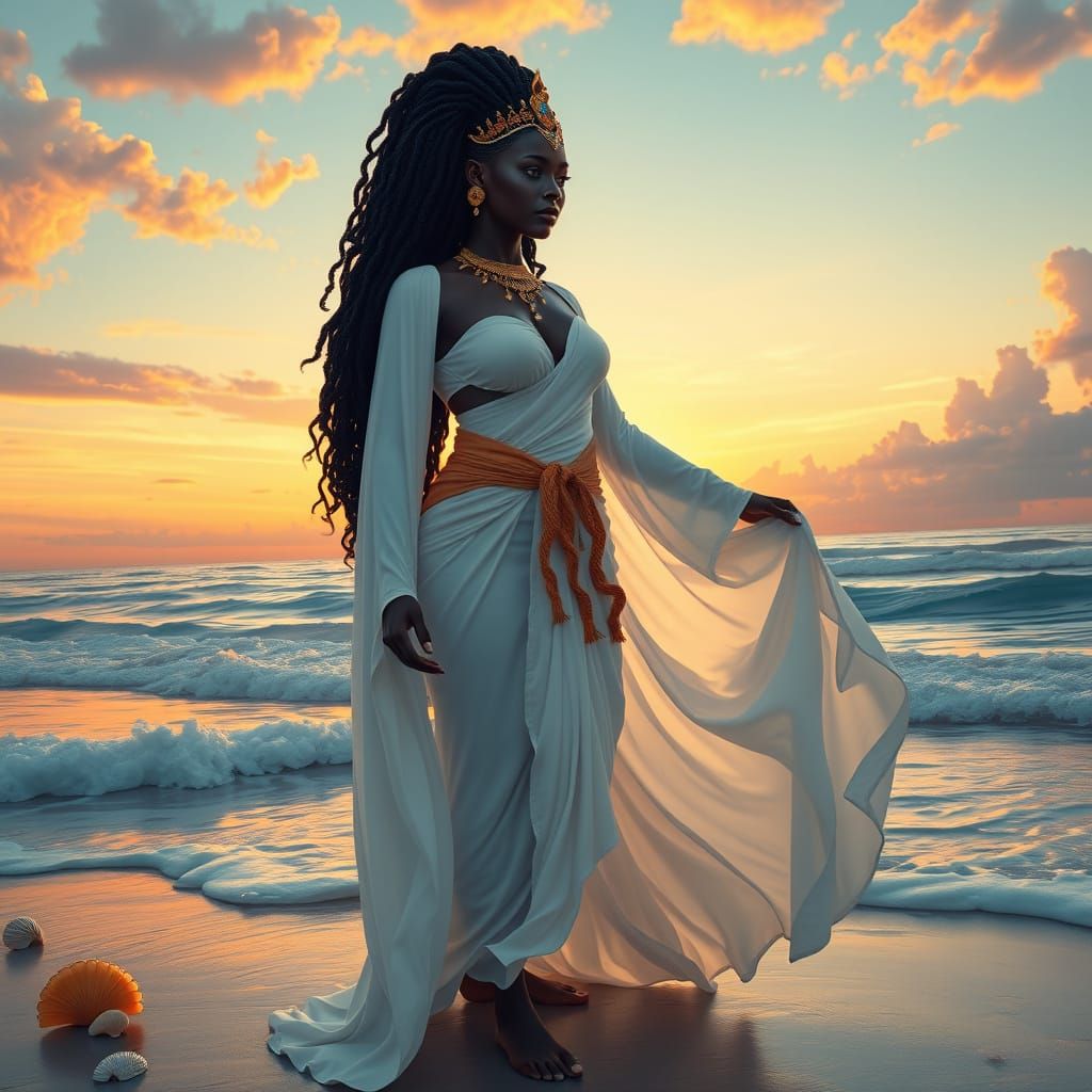 Majestic Goddess of the Sea in Vibrant Sunset Hues