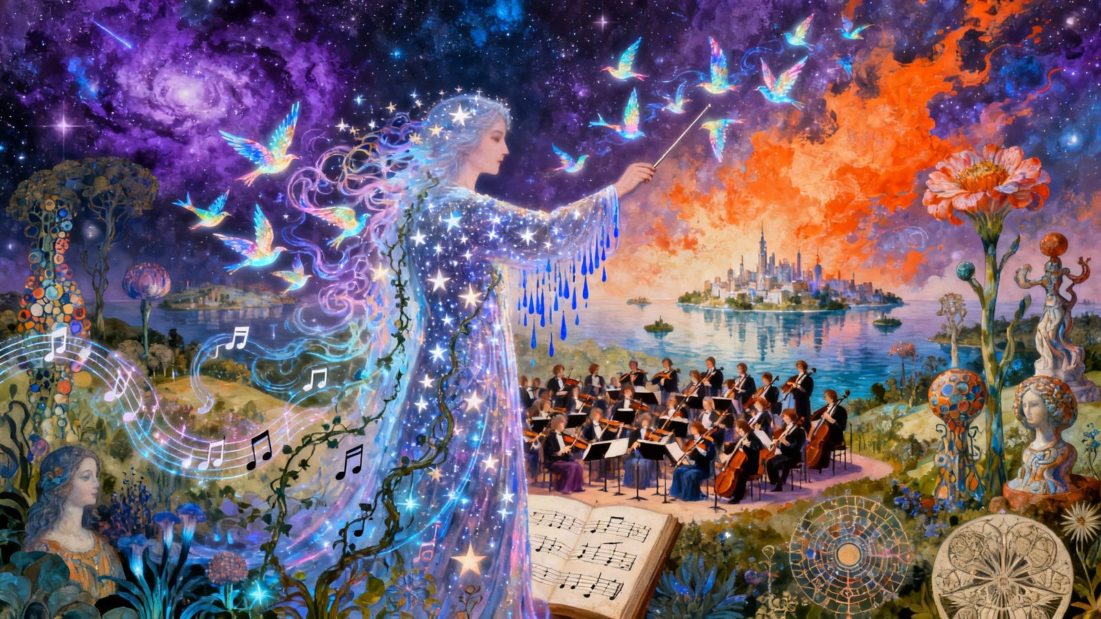 Ethereal Conductor Transforms into Birds Amidst Cosmic Music...