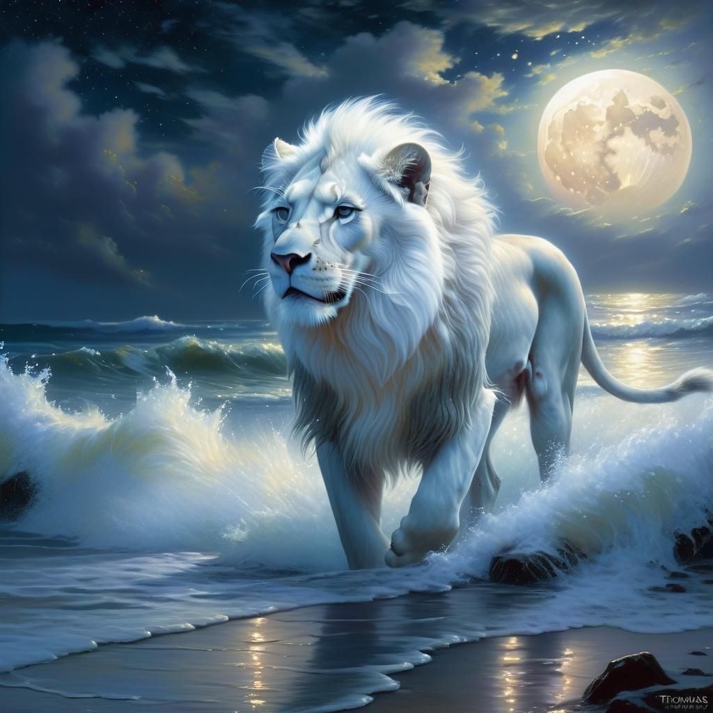 Ethereal White Lion Emerges from Moonlit Ocean