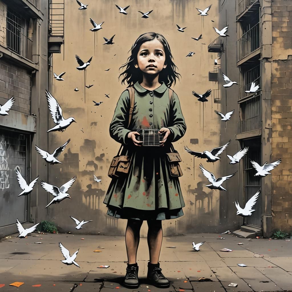Banksy-Inspired Street Art: Girl and Doves