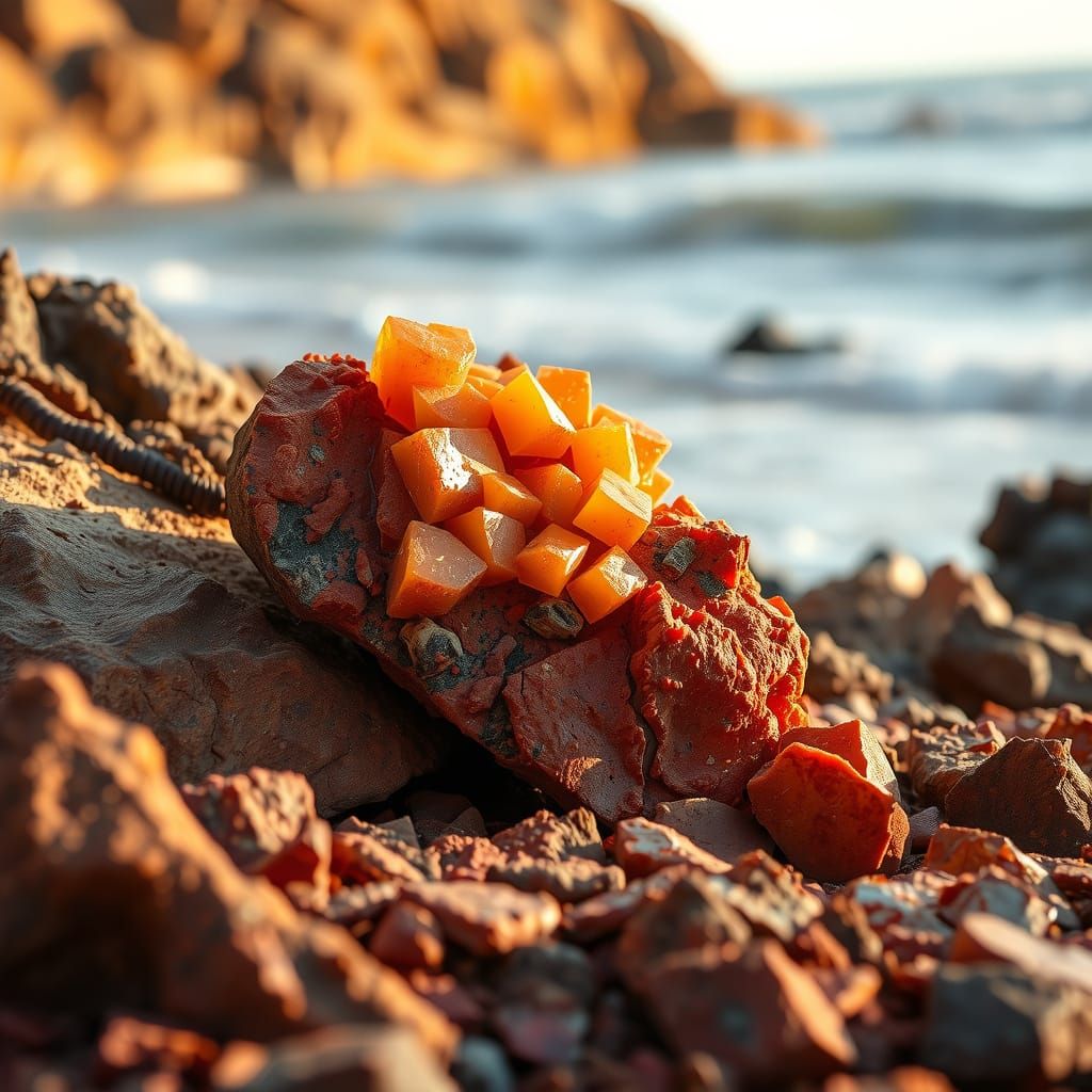 Vibrant Crocoite Ore on Rocky Beach