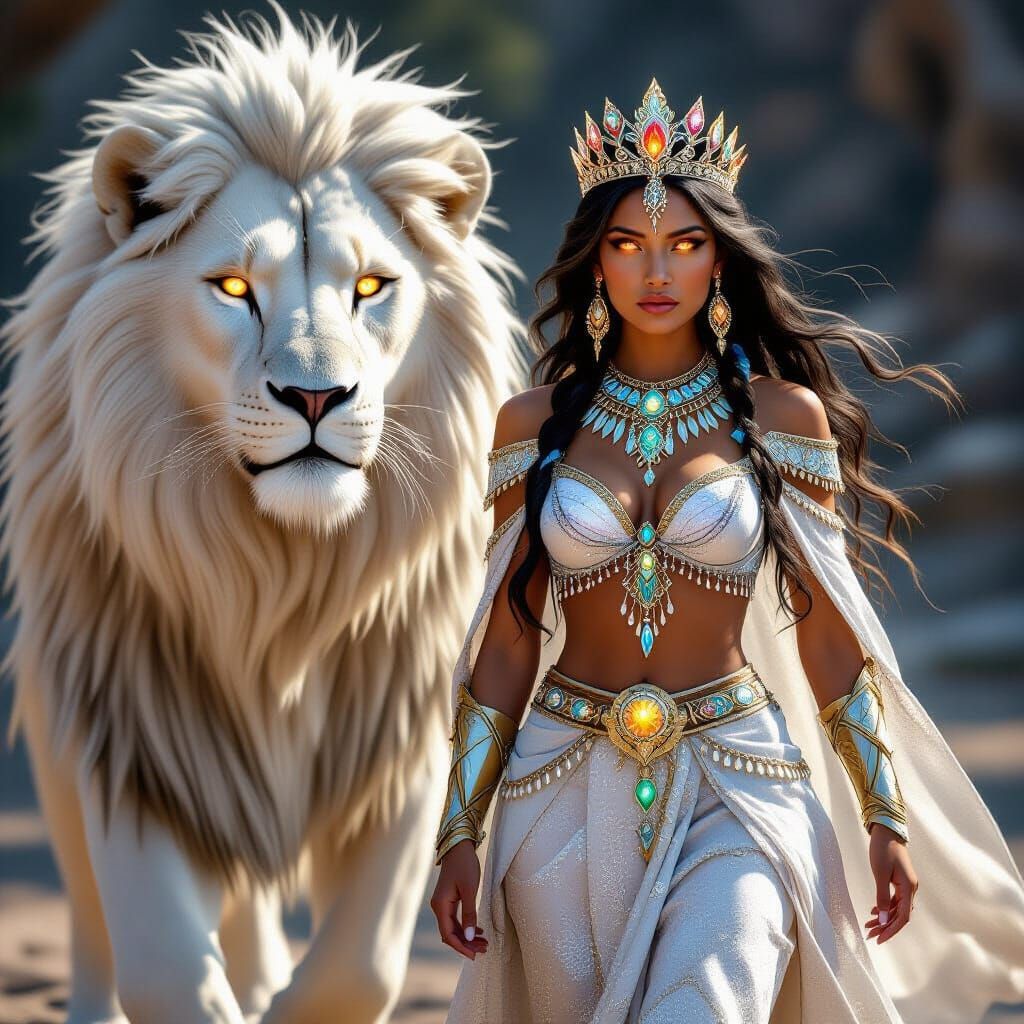 Radiant Queen and White Lion in Fantasy Portrait