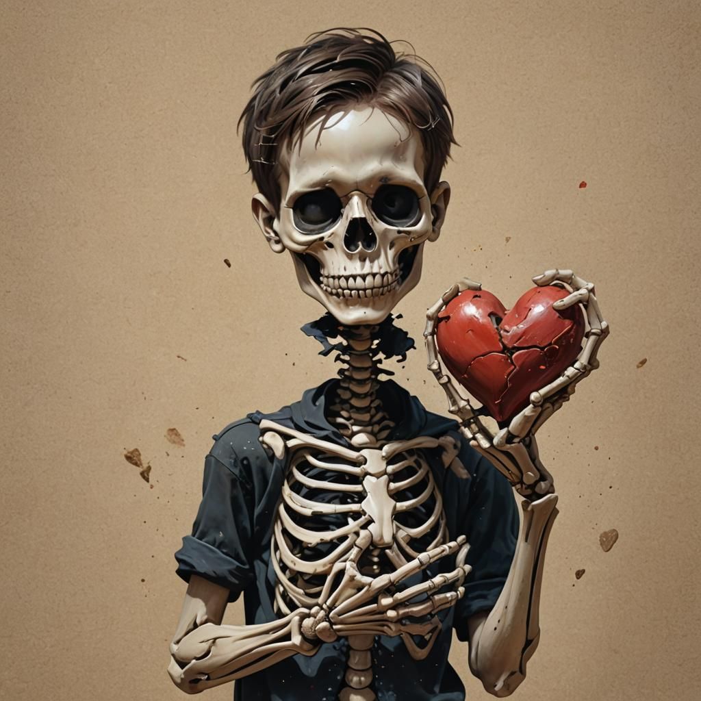 Skeleton boy holding a broken heart in his hands, the heart slipping thru his fingers like sand