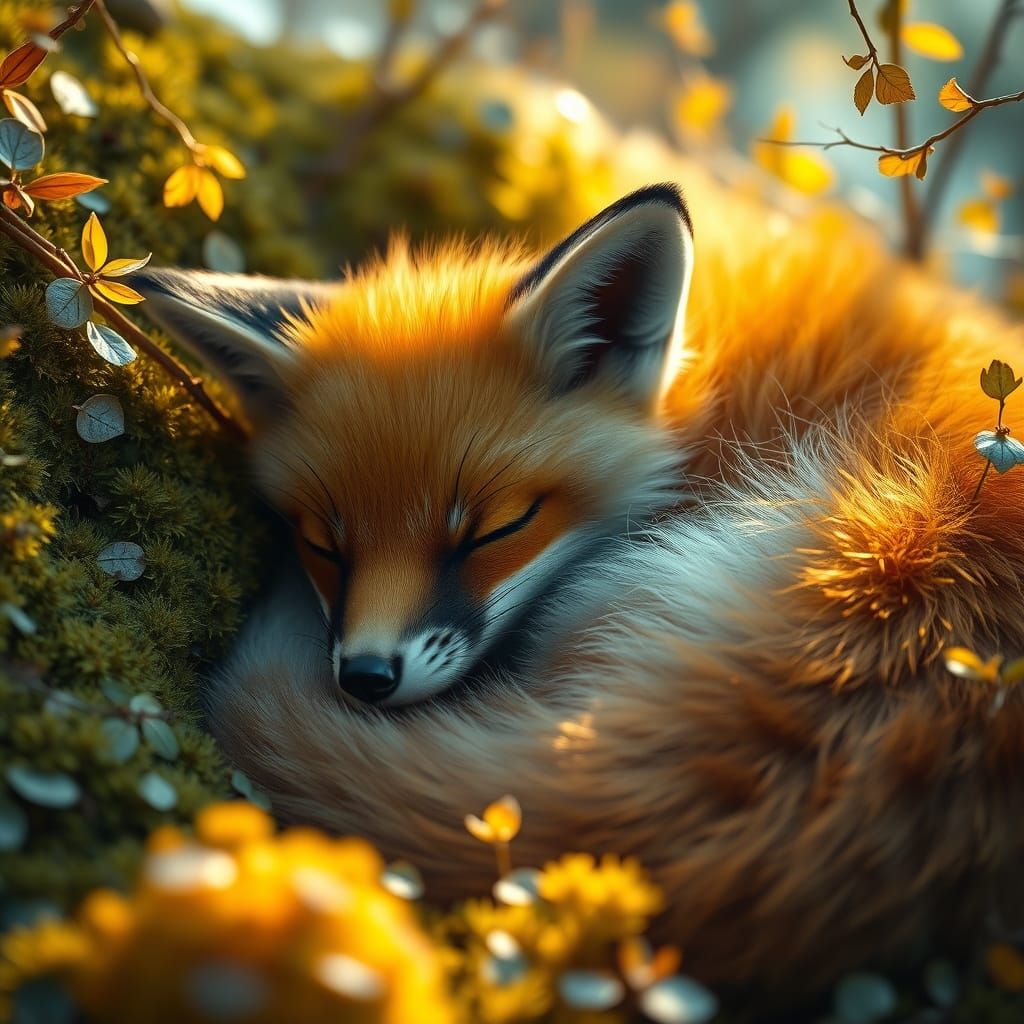 Serene Fox Cub in Whimsical, Golden-Hued Fantasy Landscape